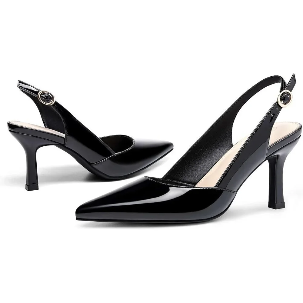 Women's Black Leather Kitten Heels Closed Pointed Toe Wedding Party Dress Pumps